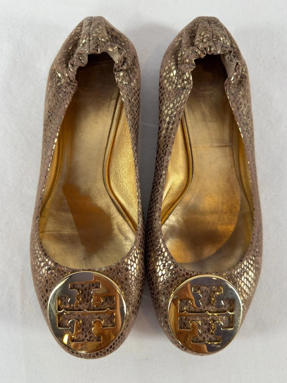 Tory Burch Snake Embossed Large Metal Logo Ballet Flat in Light Brown Gold 8.5